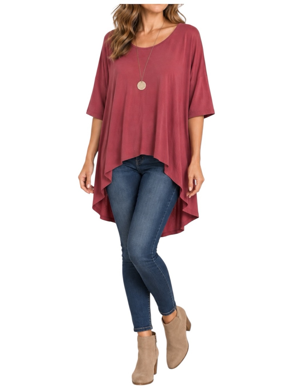 ANAMA Women Large Burgundy Hi Low Tunic Top Oversized Flowy Boho Lagenlook
